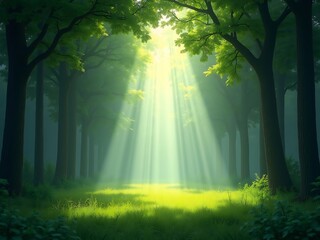 Sunlight shining through trees in forest landscape nature background peaceful serene magical light rays