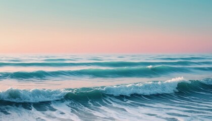 Obraz premium A serene view of gentle ocean waves meeting the sandy shore at sunset colors
