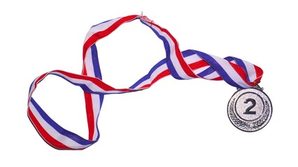 Silver second place medal with red, white, and blue ribbon isolated on white background. Perfect for sports awards, competition, achievement, or victory themed designs and presentations.