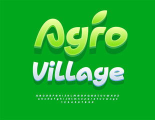 Vector Creative sign Agro Village. Clean White 3D Font. Cool Modern Alphabet Letters and Numbers