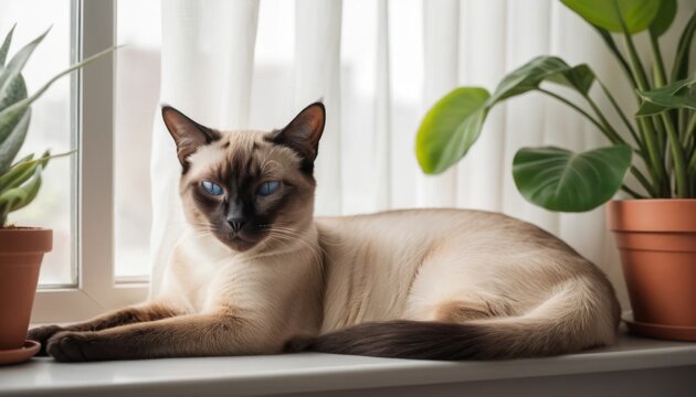 A serene Siamese cat lounges peacefully by a sunlit window with green plants nearby