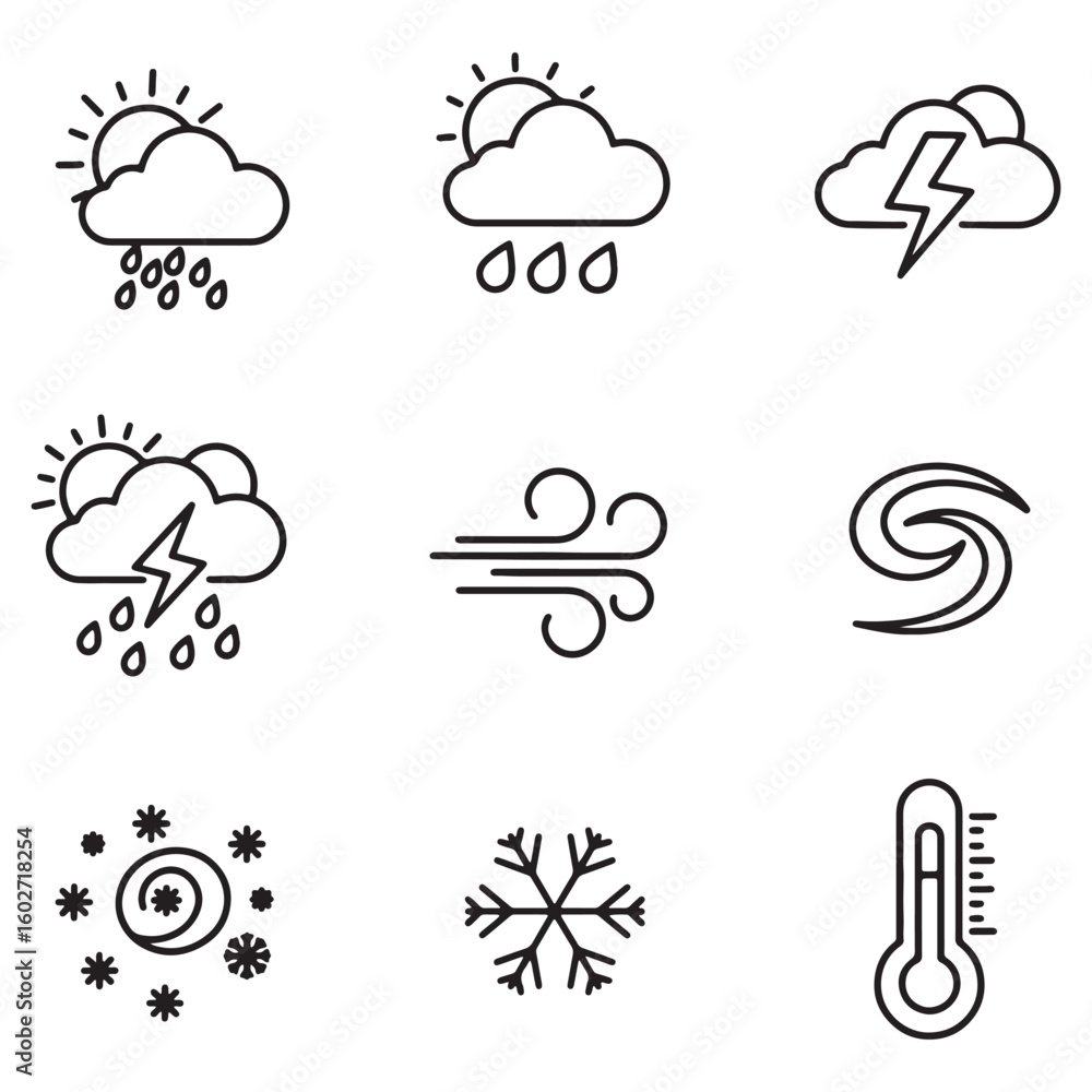 Poster weather forecast icon set illustrating various weather conditions for design elements