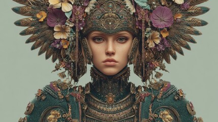 An intricate depiction of a majestic armored figure adorned with floral elements