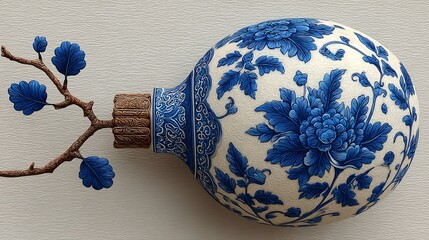 Elegant Blue and White Watercolor Chinoiserie Ornament with Vintage Flair