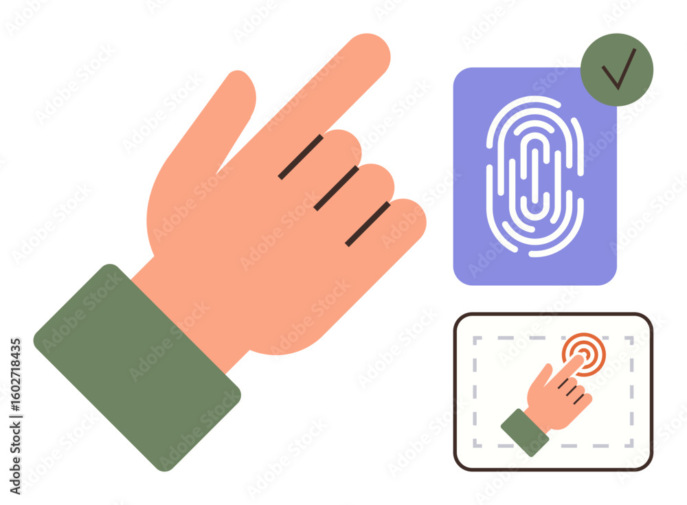 Poster hand pointing towards fingerprint scanning system with checkmark indicating approval and interactive