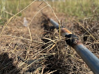 Close-up of a rusty water pipe with black tape repair running through dry grass in a rural outdoor...