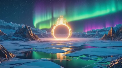 Frozen lake with mountains, aurora borealis, and burning circle in the horizon