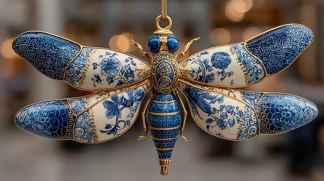 Elegant Watercolor Dragonfly Illustration with White and Blue Chinoiserie Patterns - Powered by Adobe