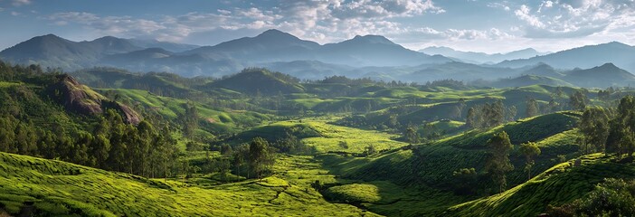 Green tea plantation, green hills and mountains in the background, morning fog on the horizon