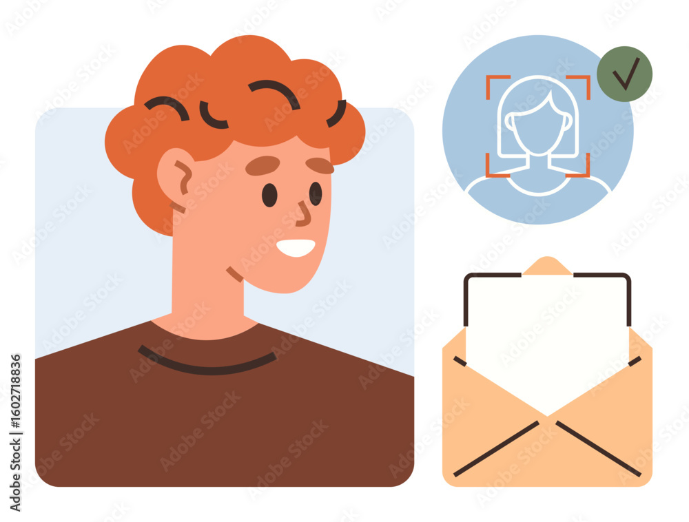 Poster person with facial recognition scan approval, checkmark for verification, and envelope for secure co