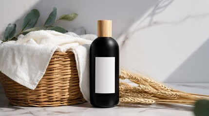 Naklejka premium Black Cosmetic Bottle with Wooden Cap – Natural Skincare Scene with Towel, Basket, and Greenery on Marble Background