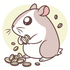 Fototapeta premium Illustration of a cute hamster with large eyes holding seeds with more seeds scattered around it