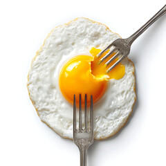 Hyperrealistic fried egg with fork breaking yolk on clean white background, high key lighting showcasing texture and detail of runny yellow yolk.

