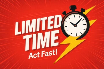 Bold red promotional graphic featuring a stopwatch and a lightning bolt with the words "Limited Time, Act Fast" emphasizing a sense of urgency.