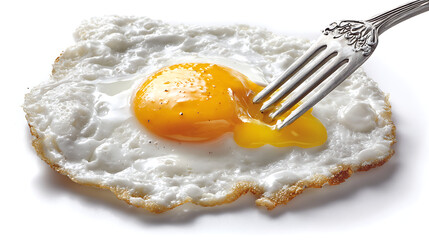 Hyperrealistic fried egg with fork breaking yolk on clean white background, high key lighting showcasing texture and detail of runny yellow yolk.

