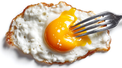 Hyperrealistic fried egg with fork breaking yolk on clean white background, high key lighting showcasing texture and detail of runny yellow yolk.

