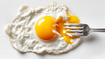 Hyperrealistic fried egg with fork breaking yolk on clean white background, high key lighting showcasing texture and detail of runny yellow yolk.

