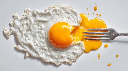 Hyperrealistic fried egg with fork breaking yolk on clean white background, high key lighting showcasing texture and detail of runny yellow yolk.


