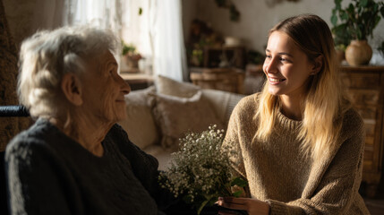 Happy elderly woman in wheelchair with young woman holding flowers, cozy home, warm sunlight, joyful intergenerational moment