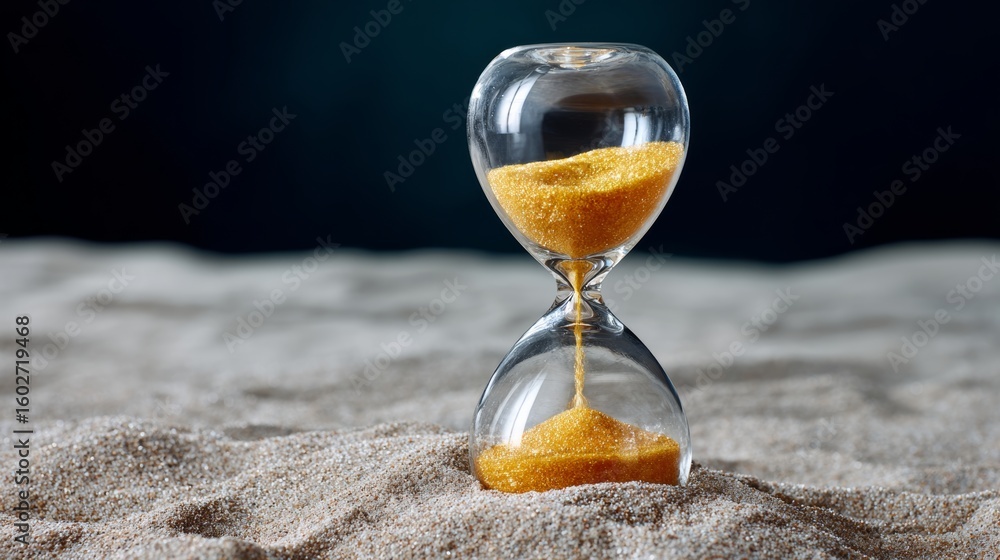 Poster sand timer with sand falling out of it is placed on a beach. concept of time passing and the fleetin