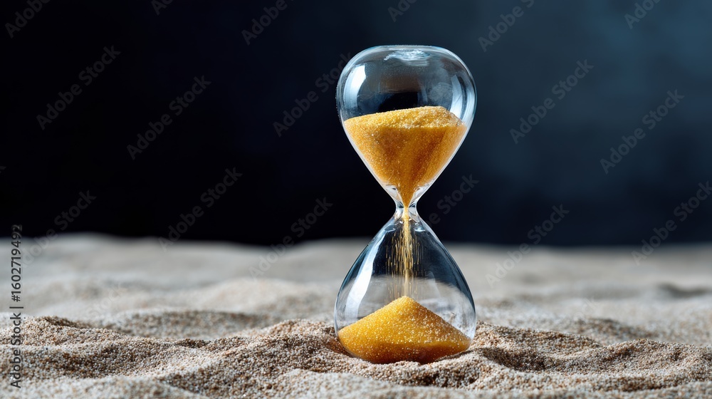 Poster sand timer with sand falling out of it. the sand timer is a symbol of time passing