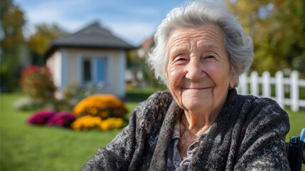 Happy elderly woman sitting in wheelchair outdoors, smiling warmly in garden with flowers and white fence, autumn day