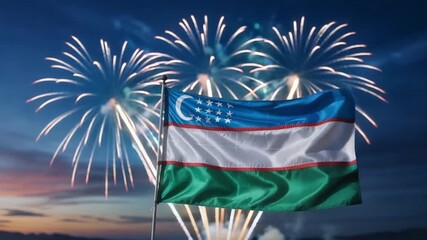 Uzbekistan Flag Flying High with Colorful Fireworks on Independence Day