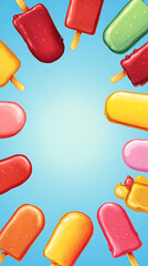 Colorful juicy popsicles border in cute cartoon flat design with bright soft palette, high contrast and smooth gradient for children's book illustration.