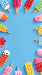 Colorful juicy popsicles border in cute cartoon flat design with bright soft palette, high contrast and smooth gradient for children's book illustration.