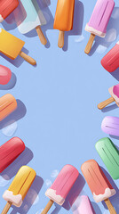 Colorful juicy popsicles border in cute cartoon flat design with bright soft palette, high contrast and smooth gradient for children's book illustration.