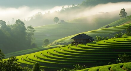 Lush green rice terraces under morning mist with a quaint wooden house nestled on the hillside landscape.