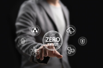 Zero trust cybersecurity digital security concept, Businessman touches global zero trust security, Futuristic interface, Network access, AI, Cloud data, Fingerprint, System reliability Principles