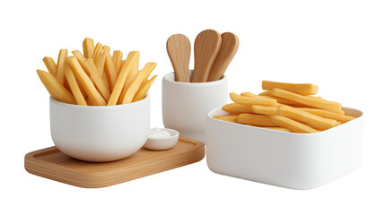 French Fries in Bowls with Wooden Spoons and Dip