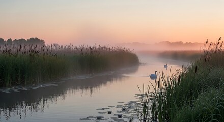 Serene Morning Scene: Swans Gliding on Misty River Amidst Reeds and Water Lilies at Dawn.
