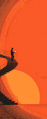 Confident male developer walking up spiral staircase made of JavaScript code lines on bright orange background, modern flat minimalistic concept for programming and web design inspiration.