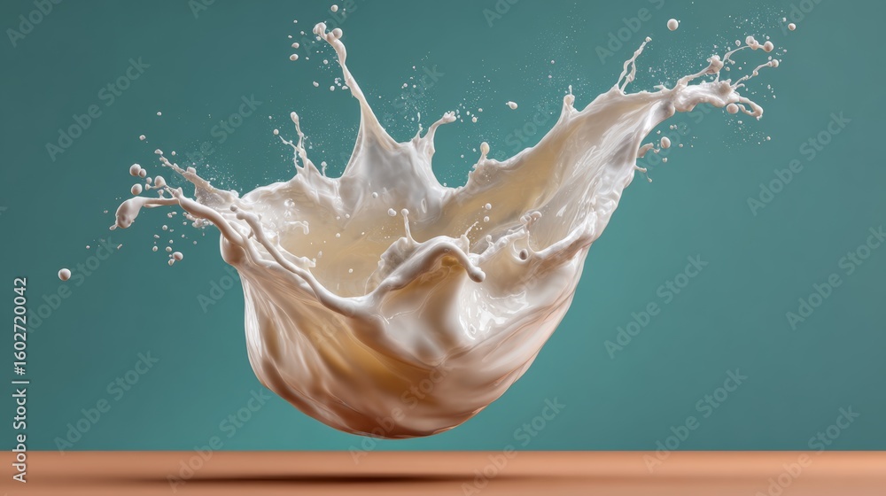 Poster splash of milk is shown in the air, with the white liquid covering a large portion of the image. the