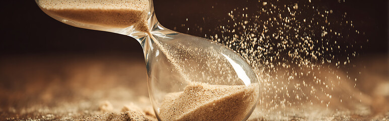 Close-up of hourglass with flowing golden sand on rustic wooden table, warm side lighting creating dramatic shadows, time management and patience concept with copy space.