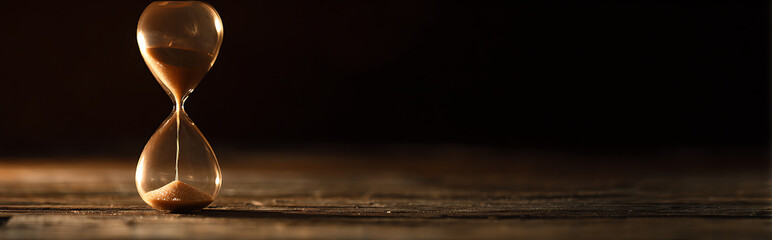 Close-up of hourglass with flowing golden sand on rustic wooden table, warm side lighting creating dramatic shadows, time management and patience concept with copy space.