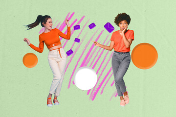Creative pop collage of young girls point finger letters on green color background