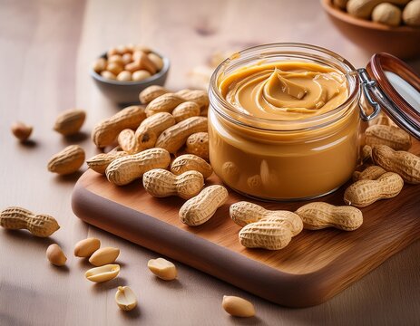 a jar of creamy peanut butter on a wooden board with scattered peanuts ideal for delicious recipes and snacks