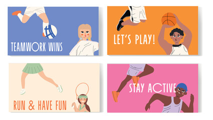 Set of four horizontal sport banners with motivational quotes. Bright and fun design featuring kids in action. Perfect for campaigns, websites, posters, or educational use.