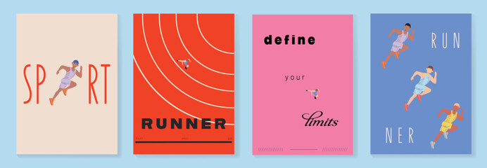 Colorful poster set with people running outdoors. Energetic and fun illustrations ideal for sports events, kids’ products, campaigns, or educational and wellness projects.