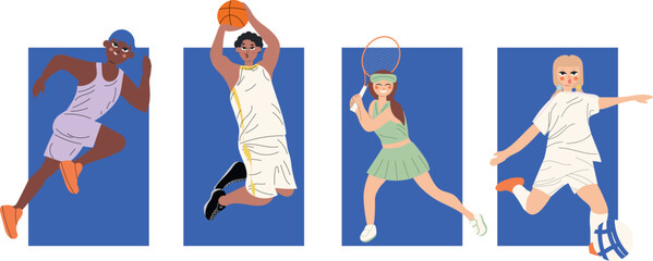 Fun and vibrant scene with children engaged in multiple sports. Perfect for active lifestyle promotions, children’s products, or school and club branding.