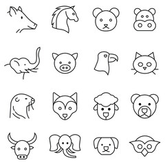 Set of wild animals head icon set. Wild animal icons Containing fox, pig, eagle, elephant, cat, bull, bird, ship, bear and more. Solid icons vector collection editable stroke. Vector illustration. 