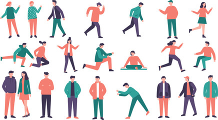 Flat vector people collection, walking, running, exercising, standing poses, diverse characters, casual clothing, lifestyle design, teamwork, modern illustration, fashion style.
