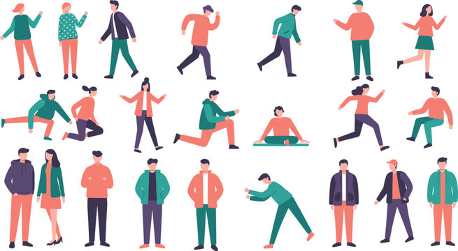 Flat vector people collection, walking, running, exercising, standing poses, diverse characters, casual clothing, lifestyle design, teamwork, modern illustration, fashion style.