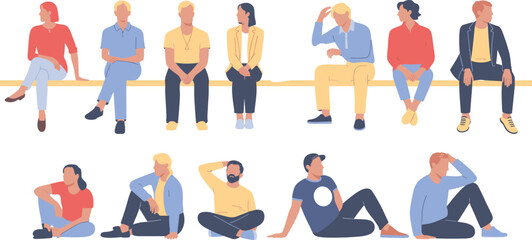 Group of diverse people sitting, casual poses, modern clothing, body language concept, community interaction, lifestyle illustration, character design collection