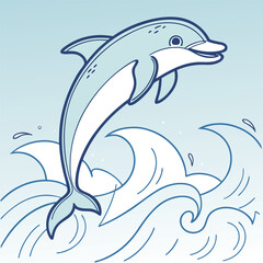 Naklejka premium Illustration of a dolphin leaping out of the water with waves and a light blue gradient background