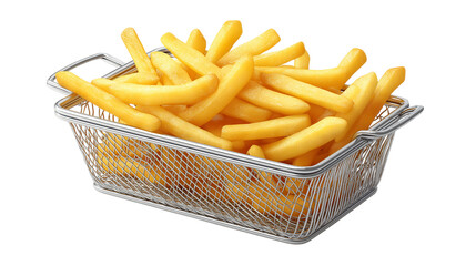 French Fries in Metal Basket on Transparent Background