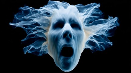 Fototapeta premium Face with a mouth open and smoke coming out of it. The face is blue and white